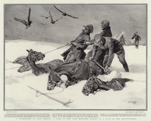 Uma tempestade de neve na colônia do cabo, um acampamento dos rifles montados do cabo em um impulso do Drakensberg